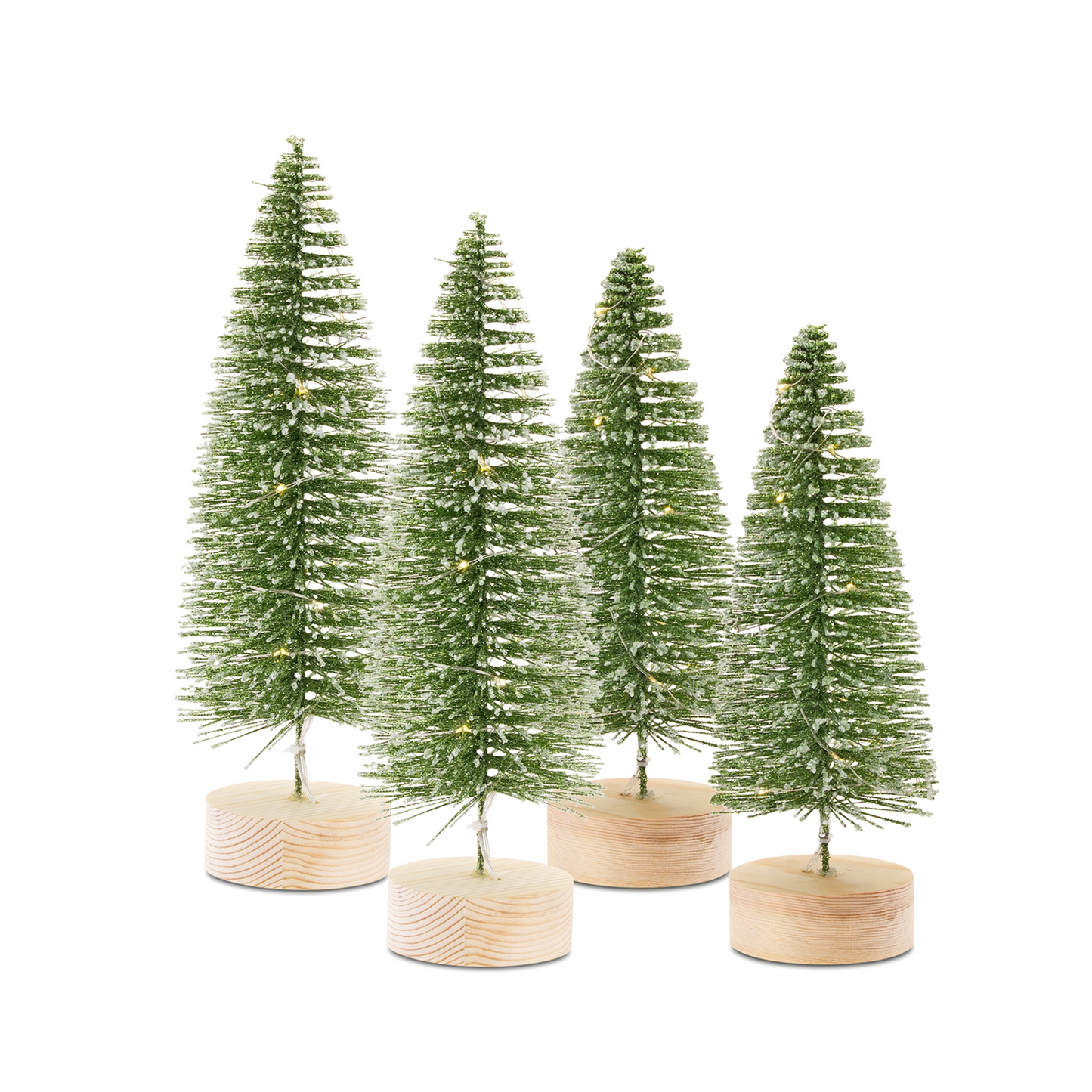 LED Lighted Green Bottle Brush Tree with Wood Base and Gold Accent (Set of 4) -Ship Only