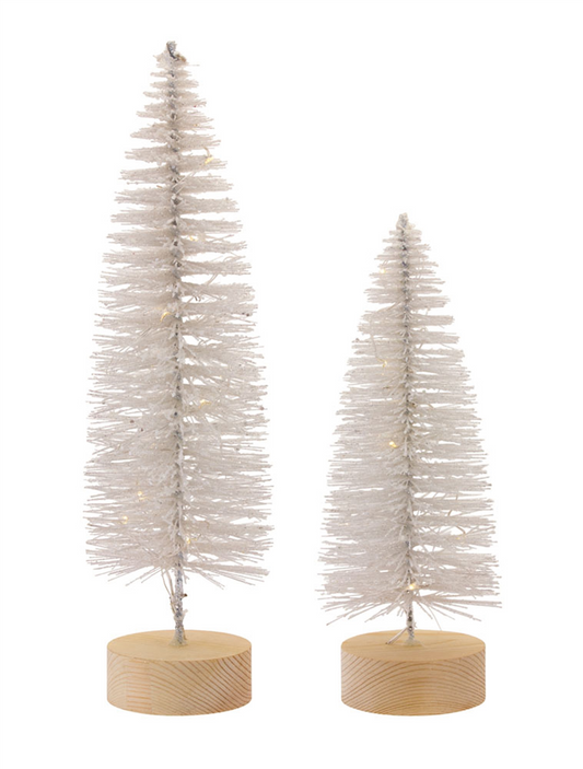 LED Lighted White Bottle Brush Tree with Wood Base and Gold Accent (Set of 4) -Ship Only