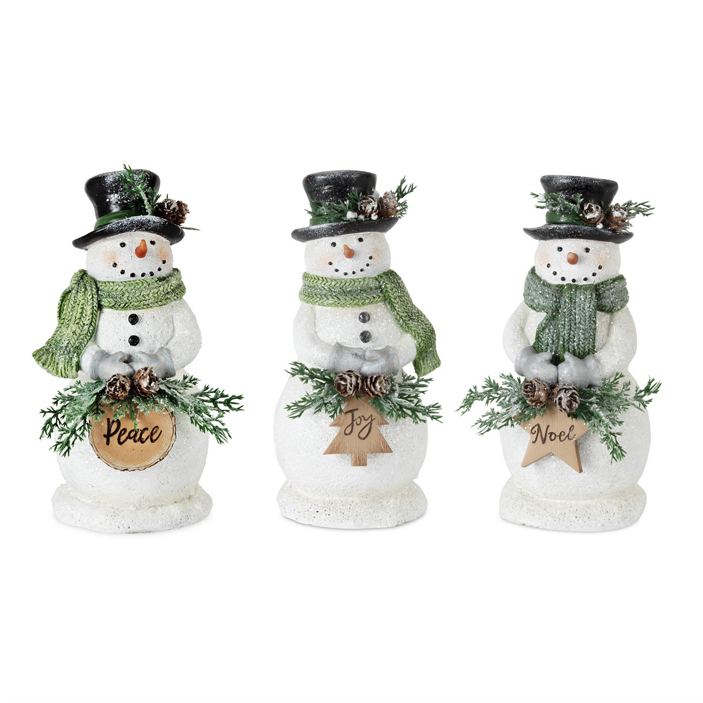 Holiday Snowman Figurine with Frosted Pine Accent (Set of 3) -Ship Only