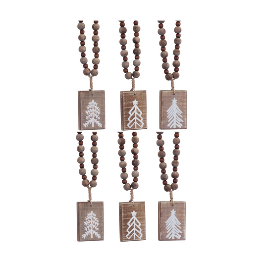 Rustic Wood Tree Tag Ornament with Beaded Hanger (Set of 6) -Ship Only
