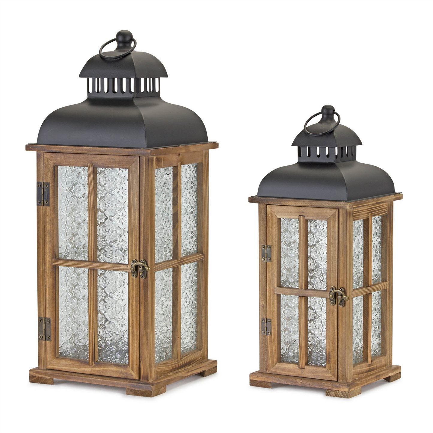 Natural Wood Lantern with Ornate Frosted Glass (Set of 2) -Ship Only