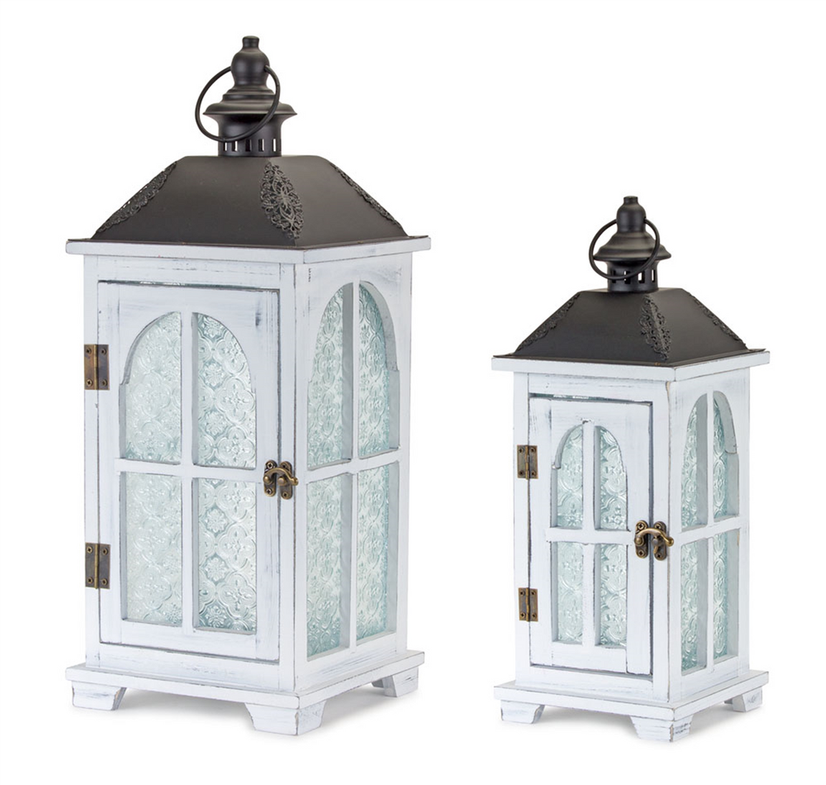 White Wood Lantern with Ornate Frosted Glass (Set of 2) -Ship Only