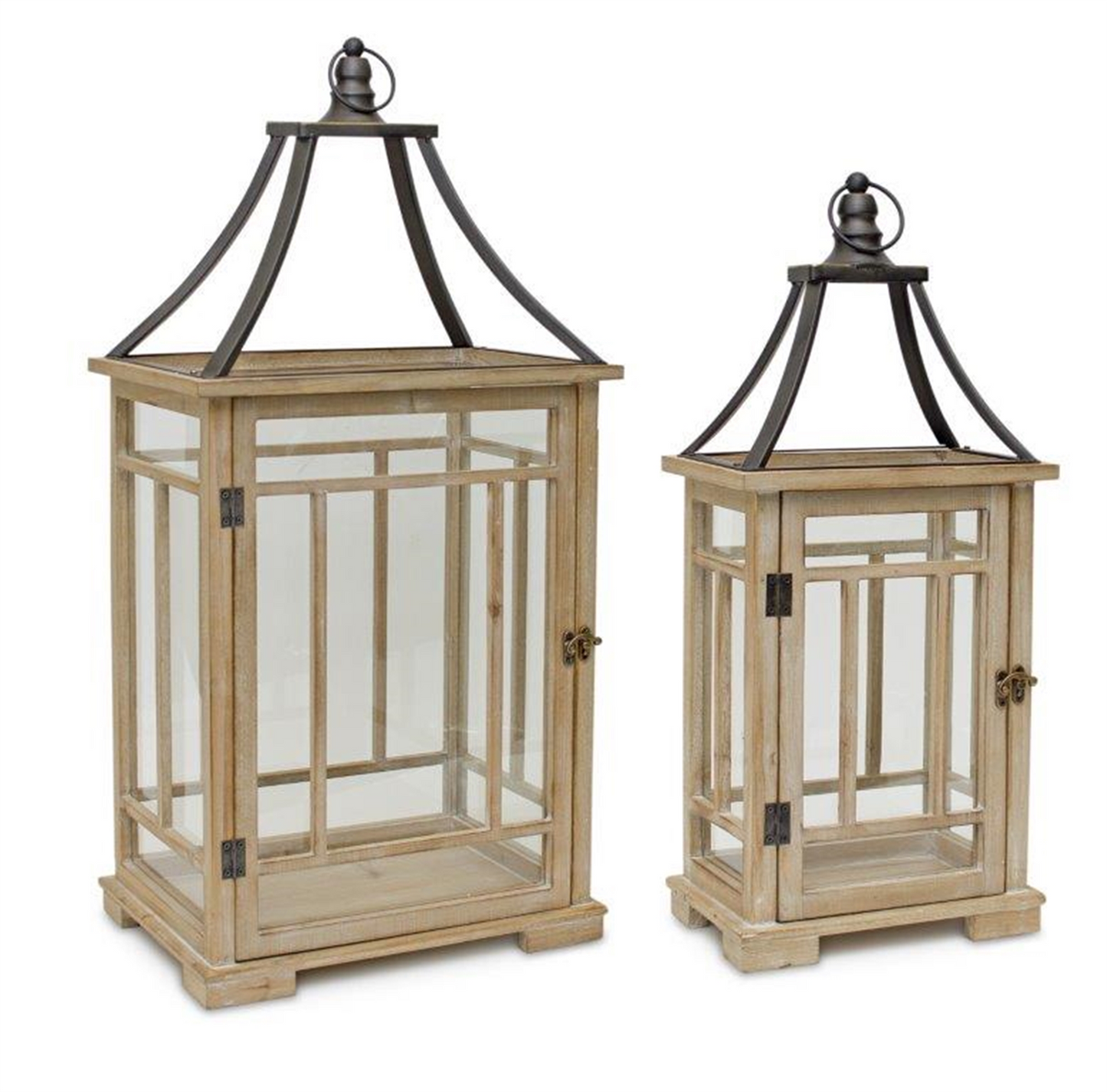 Natural Wood Lantern with Open Metal Lid (Set of 2) -Ship Only