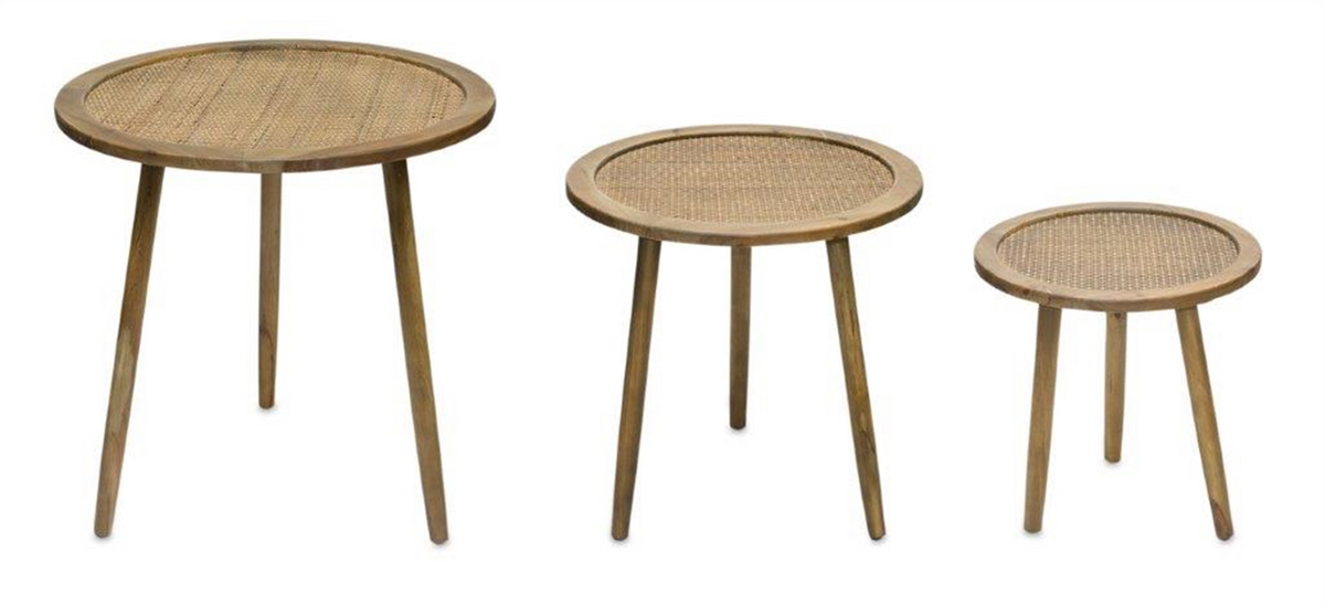Rattan Wood Accent Table (Set of 3) -Ship Only