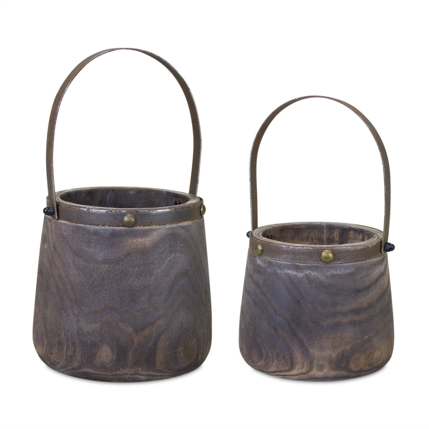 Natural Wooden Pail Planter with Metal Handle Accent (Set of 2) -Ship Only