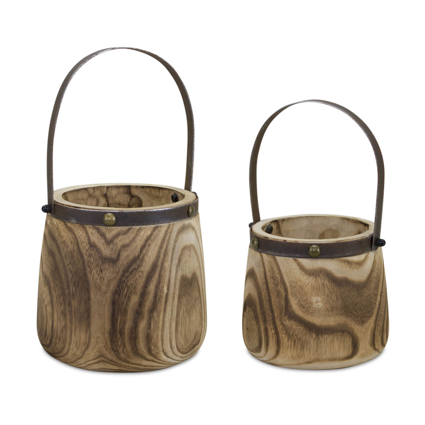Natural Wooden Pail Planter with Metal Handle Accent (Set of 2) -Ship Only