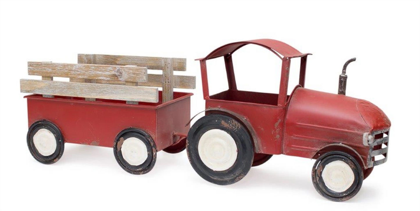 Iron Metal Tractor with Wagon Decor with Wood Accents 27.5"L -Ship Only