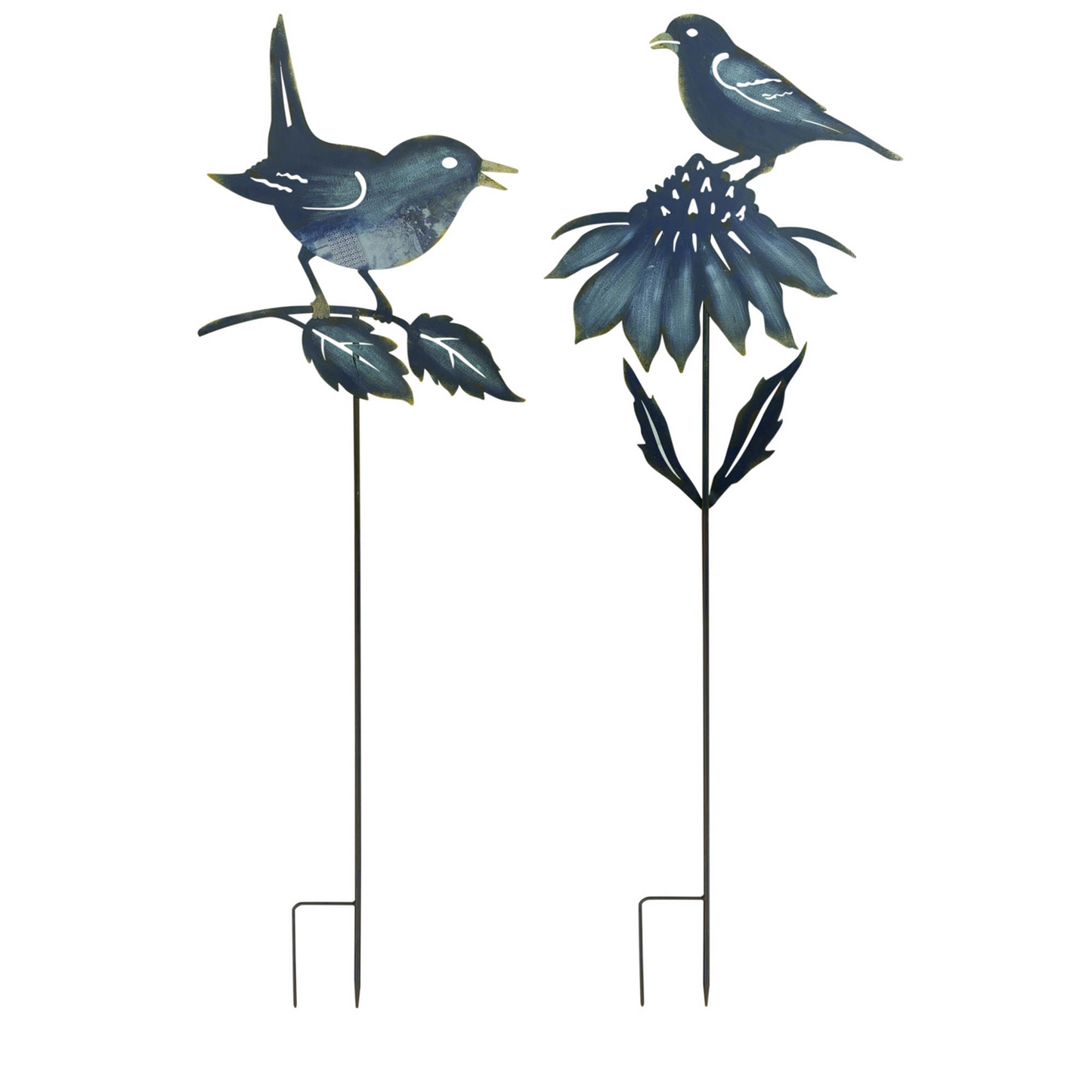 Iron Metal Cut Out Bird and Flower Garden Stake (Set of 2) -Ship Only