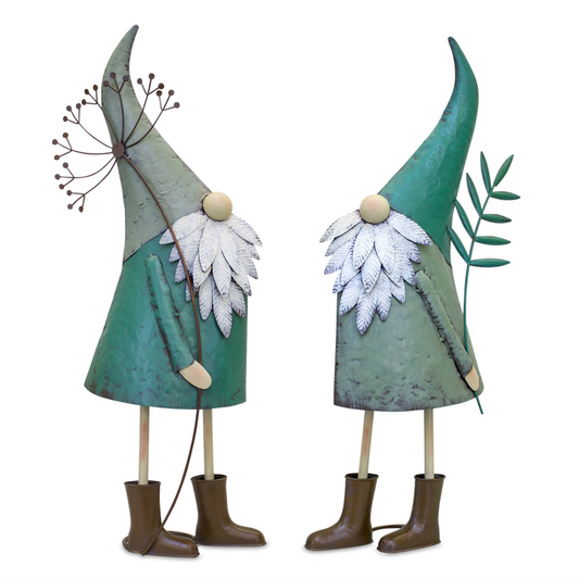 Iron Metal Standing Garden Gnome with Flower (Set of 2) -Ship Only