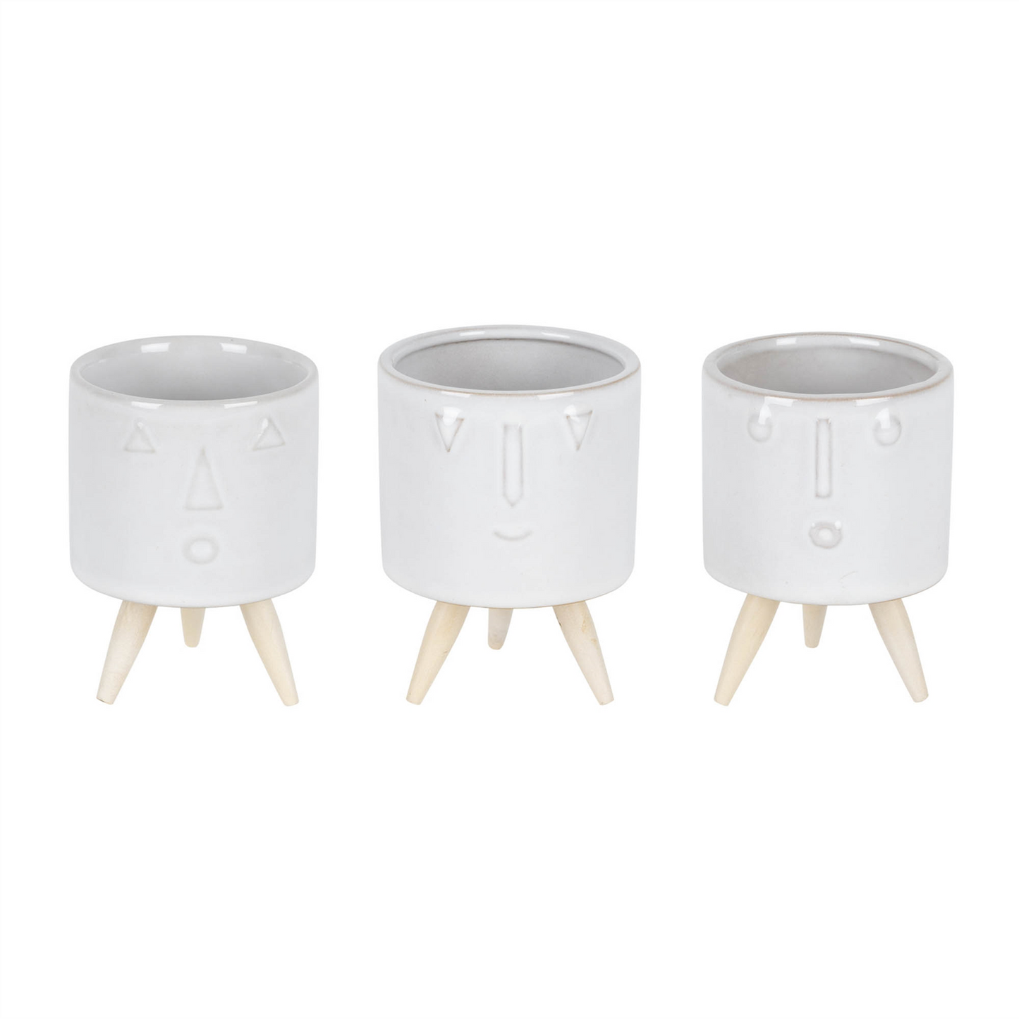 Porcelain Face Planter with Wooden Legs (Set of 3) -Ship Only