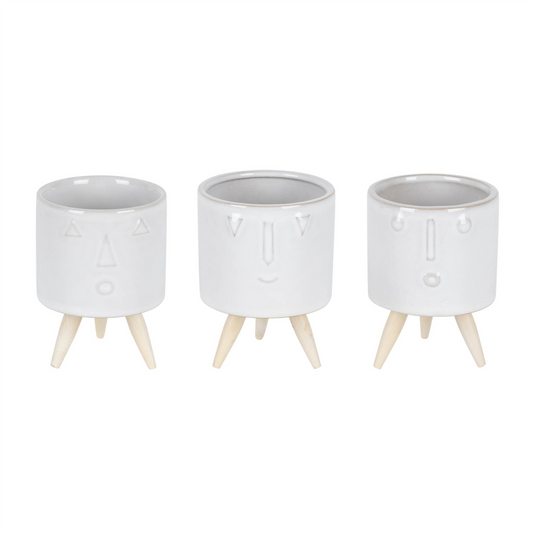 Porcelain Face Planter with Wooden Legs (Set of 3) -Ship Only