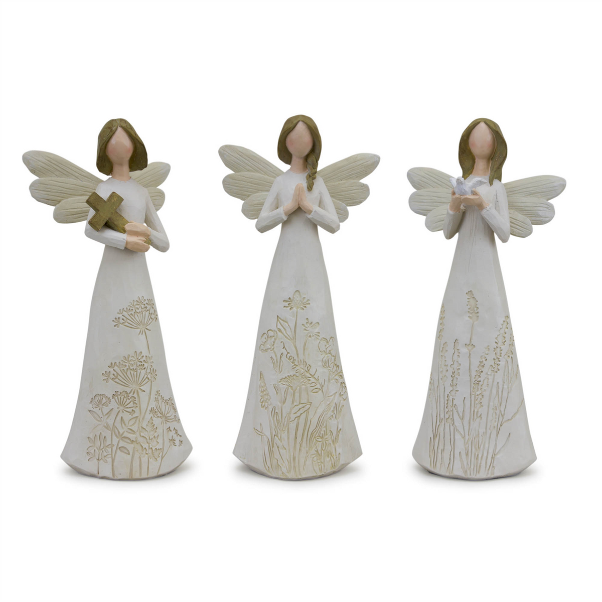 Beige Floral Etched Angel Figurine (Set of 3) -Ship Only