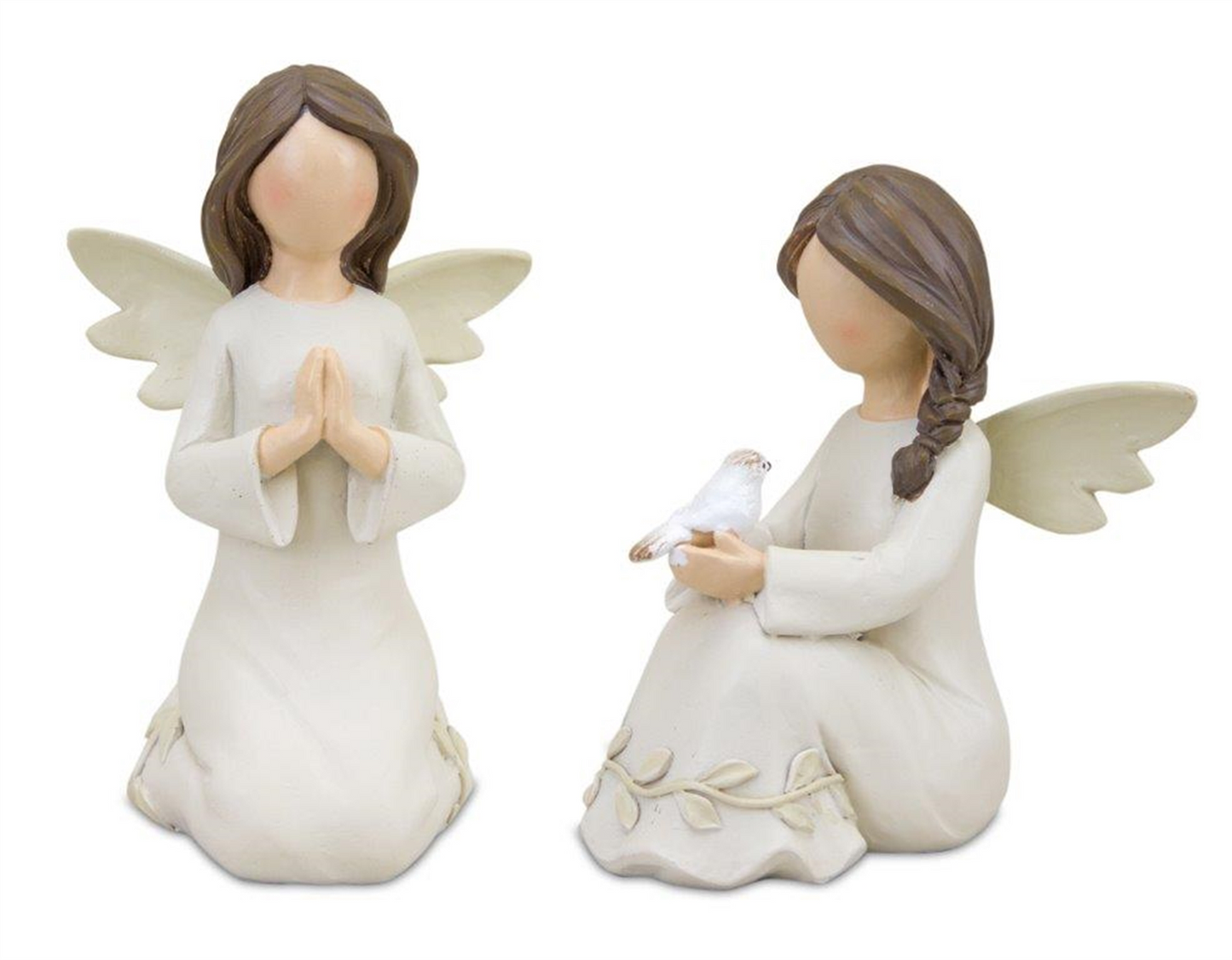 Beige Angel Figurine with Raised Floral Accent (Set of 2) -Ship Only