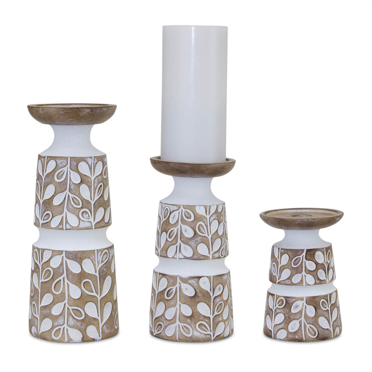 Leaf Pattern Candle Holder with Wood Design (Set of 3) -Ship Only