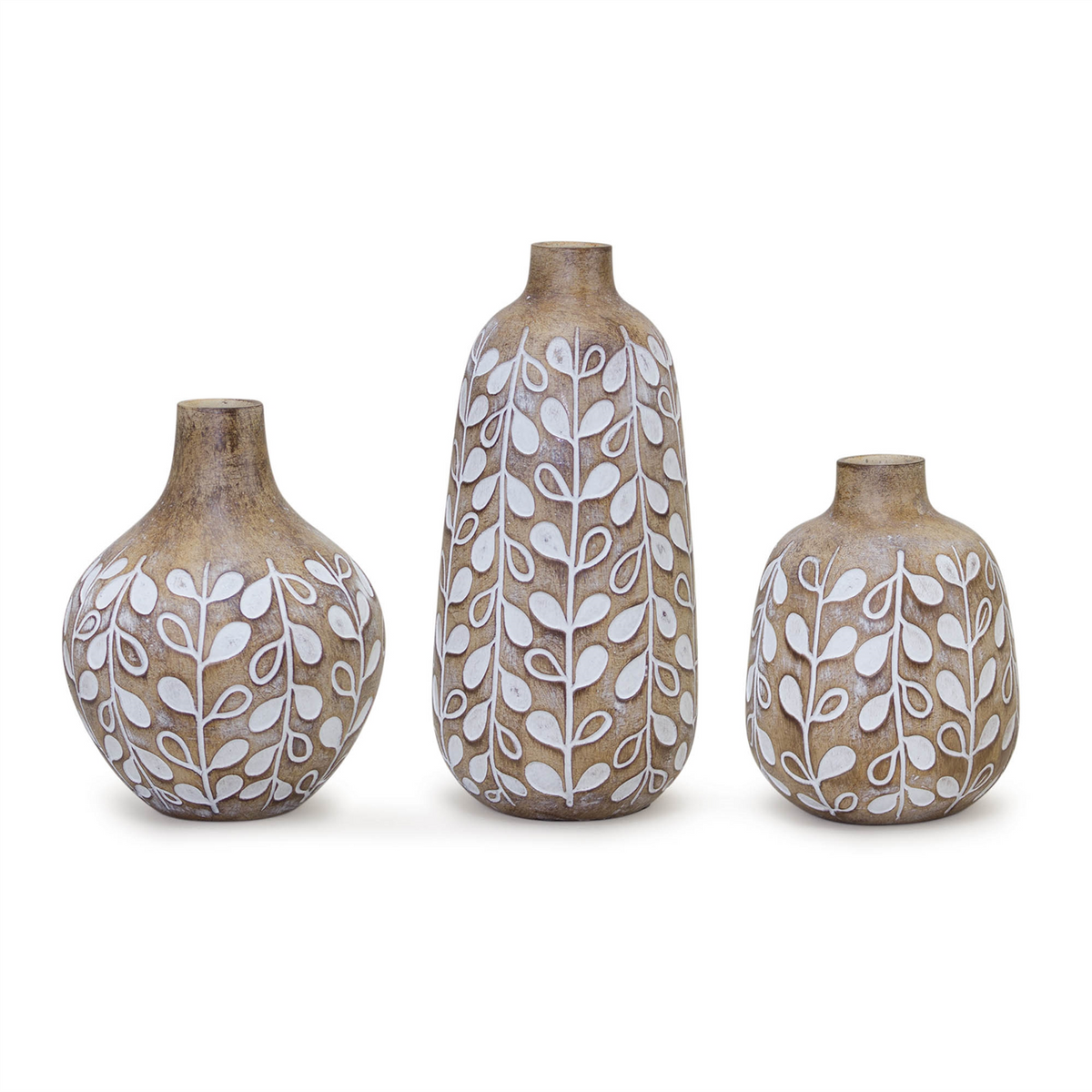 Leaf Print Vase with Wood Design (Set of 3) -Ship Only