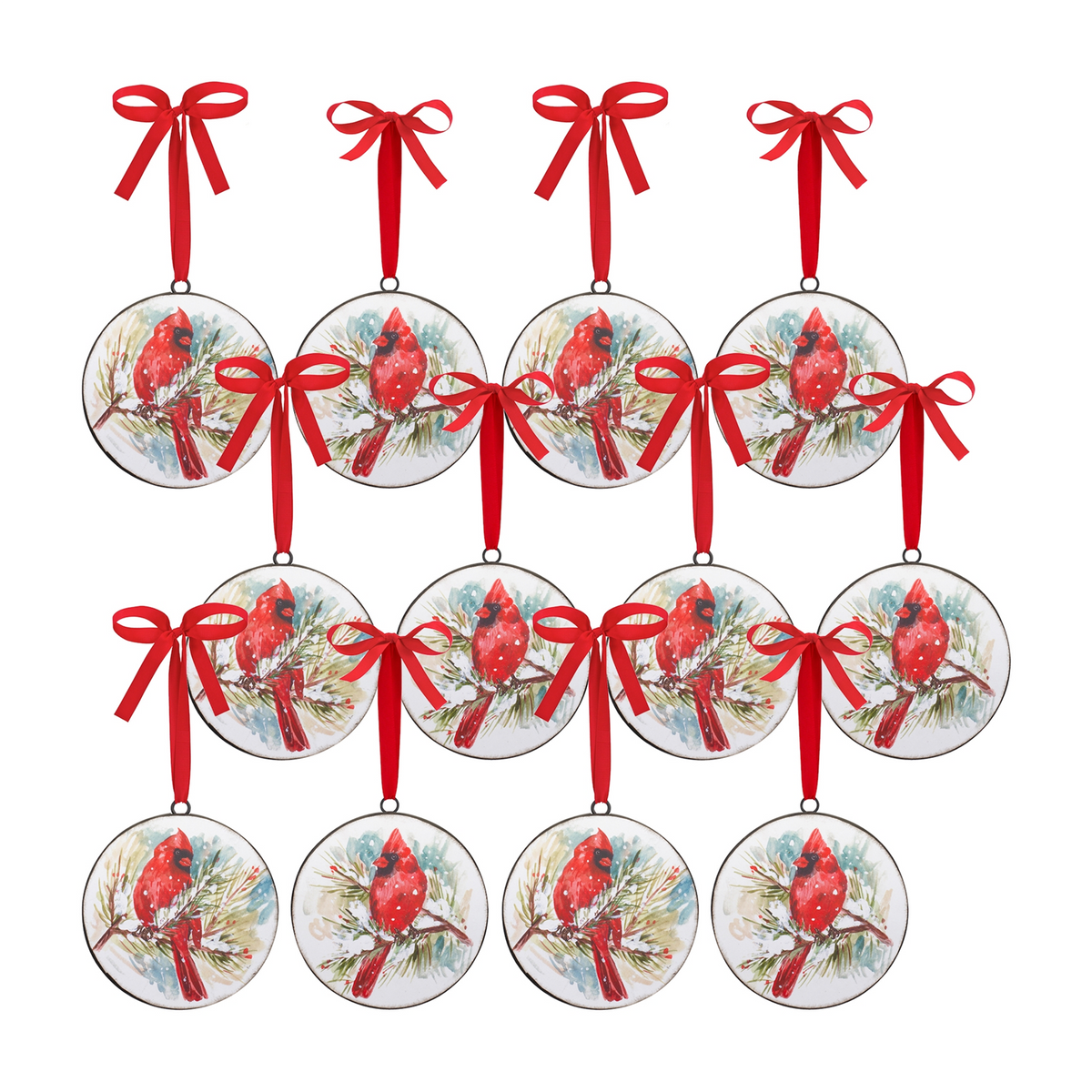 Winter Cardinal and Pine Branch Disc Ornament (Set of 12) -Ship Only