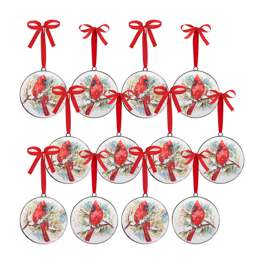 Winter Cardinal and Pine Branch Disc Ornament (Set of 12) -Ship Only