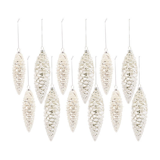 White Frosted Pinecone Drop Ornament (Set of 12) -Ship Only