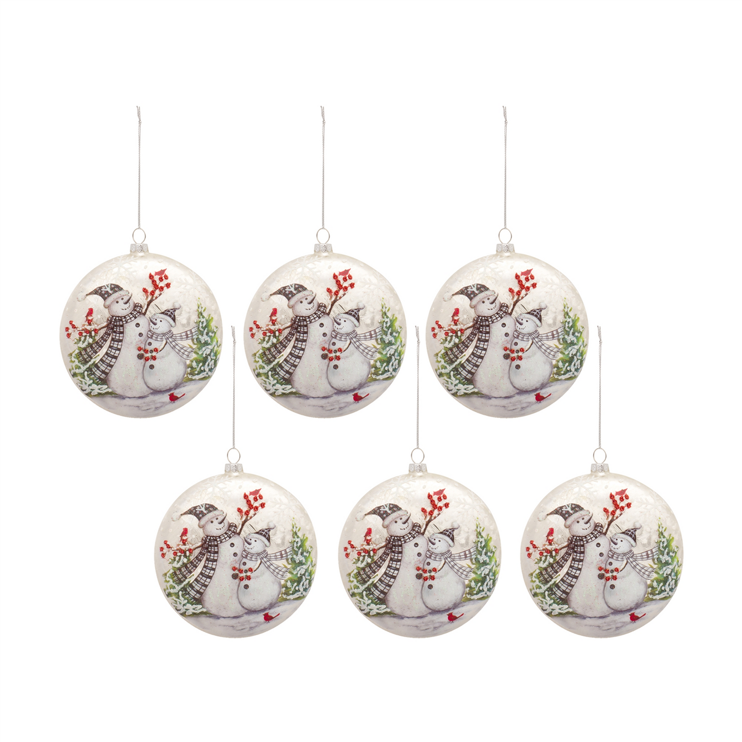 Whimsical Snowman Disc Ornament with Snowy Cardinal Scene (Set of 6) -Ship Only