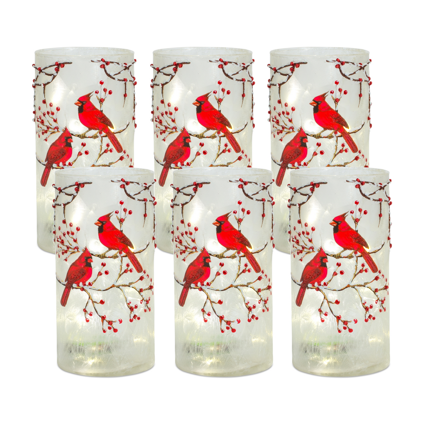Frosted Glass Votive Holder with Beaded Cardinal Bird Design (Set of 6) -Ship Only
