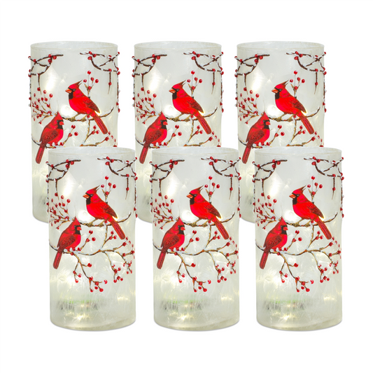 Frosted Glass Votive Holder with Beaded Cardinal Bird Design (Set of 6) -Ship Only