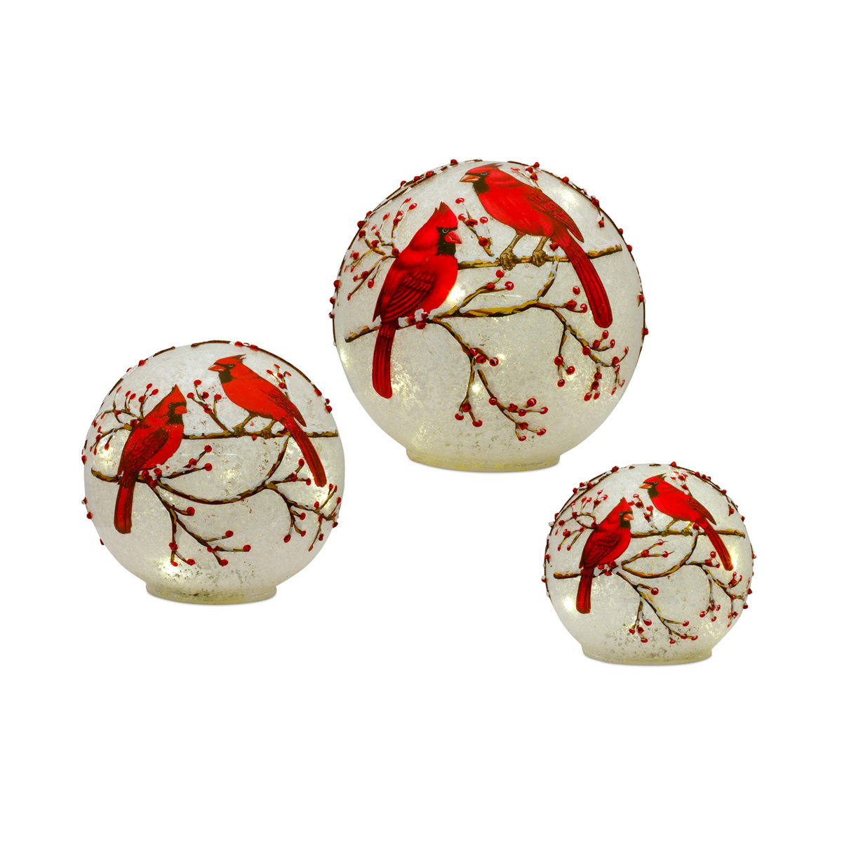 LED Frosted Cardinal Orb with Berry Branch Design (Set of 3) -Ship Only
