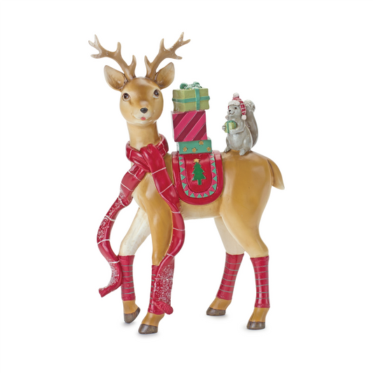 Whimsical Winter Deer and Squirrel Figurine 10"H -Ship Only