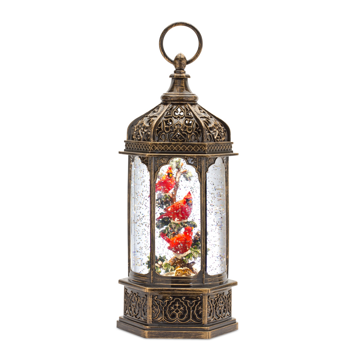 LED Snow Globe Lantern with Cardinal Bird Branch 13"H -Ship Only