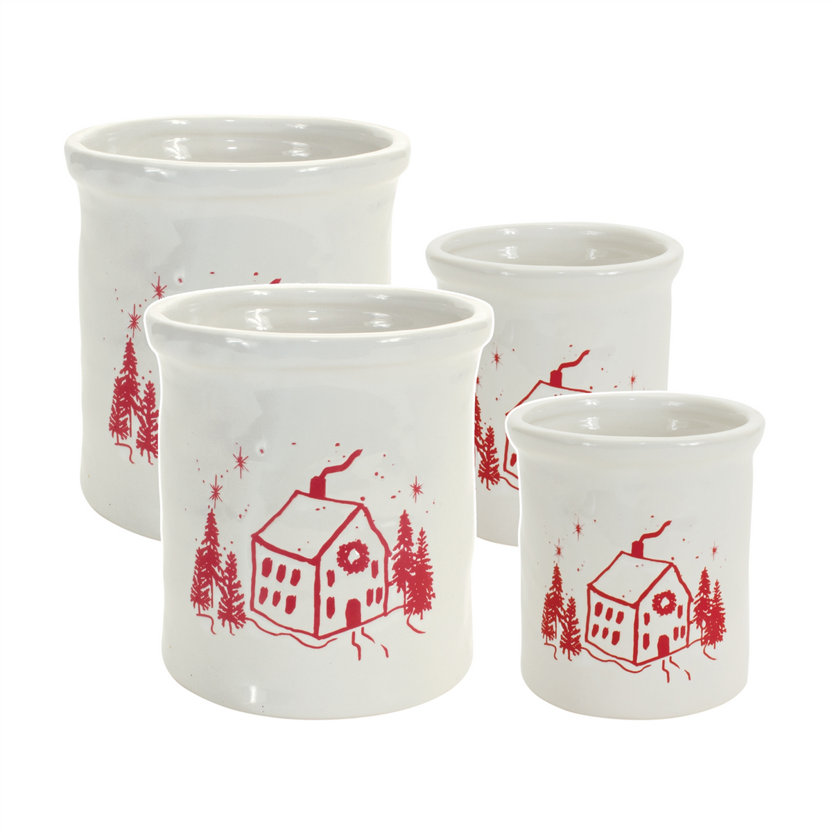 Ceramic Crock with Snowy House Scene (Set of 4) -Ship Only