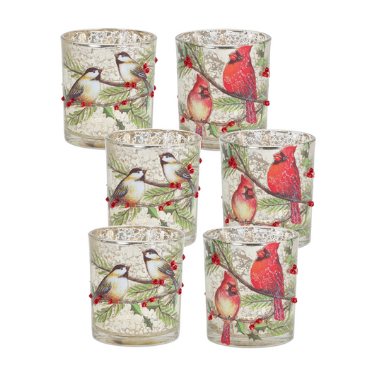 Mercury Glass Votive Candle Holder with Bird and Berry Branch (Set of 6) -Ship Only
