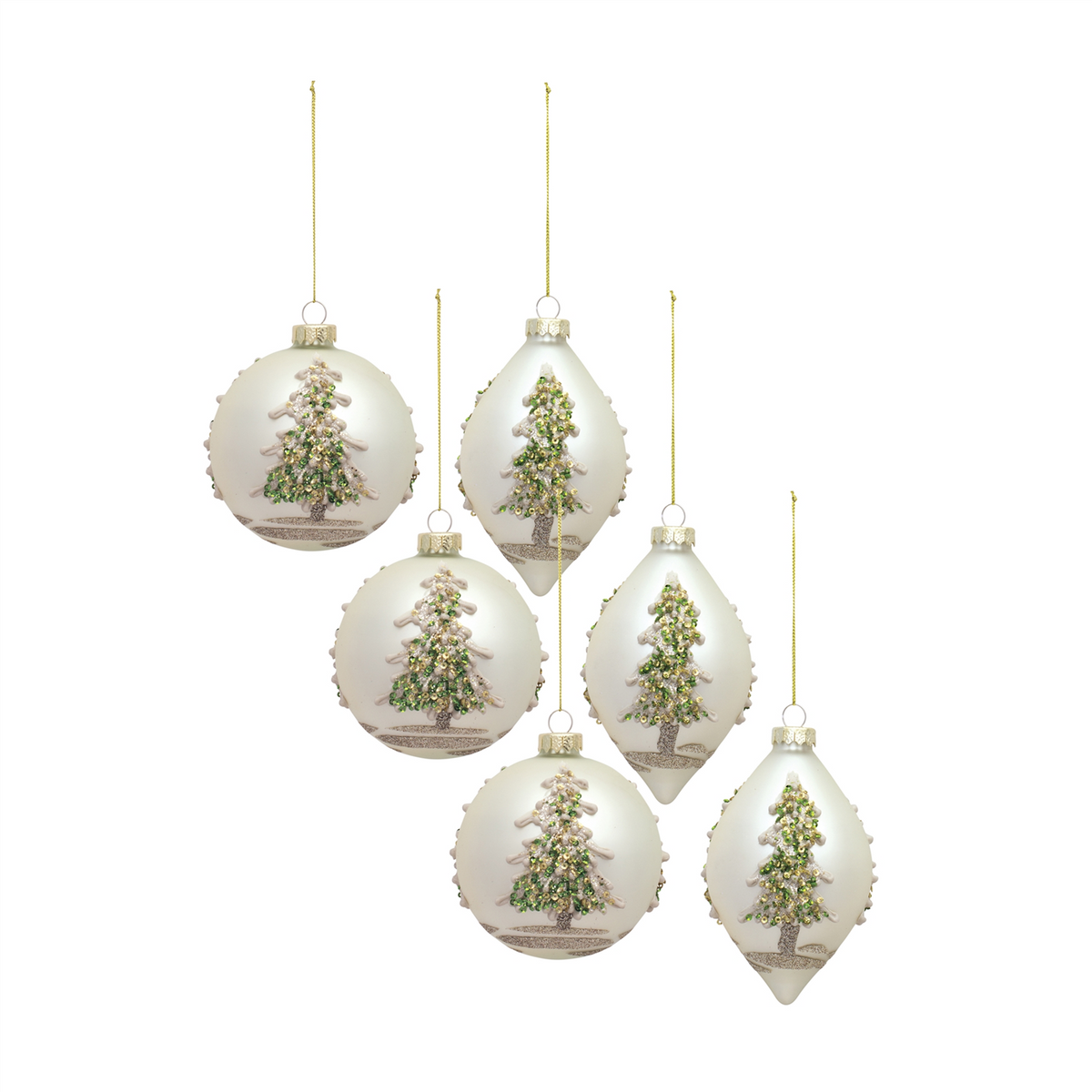 Painted Snowy Pine Tree Ball Ornament (Set of 6) -Ship Only