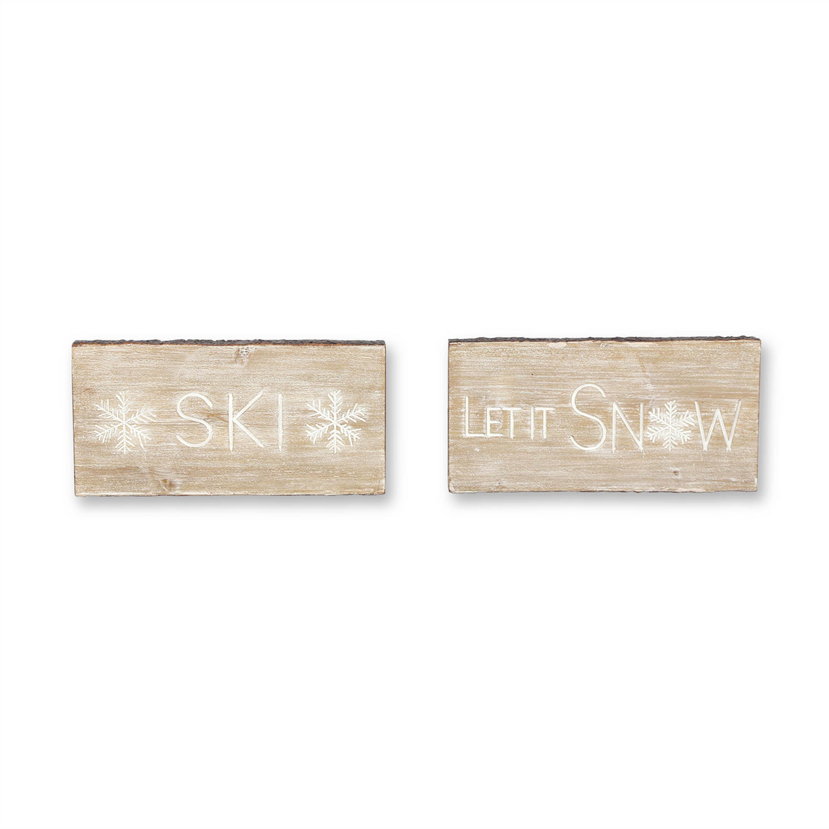 Wood Ski and Snow Sentiment Block with White Washed Design (Set of 2) -Ship Only