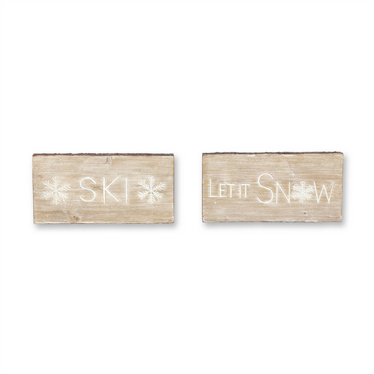 Wood Ski and Snow Sentiment Block with White Washed Design (Set of 2) -Ship Only