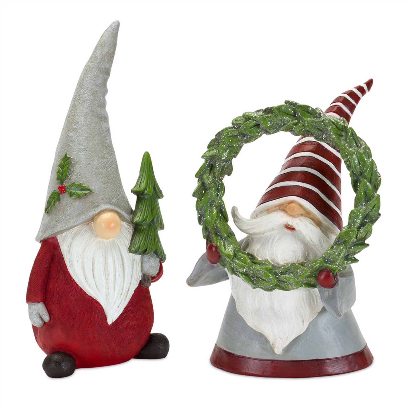 Holiday Gnome Figurine with Pine Tree and Wreath Accent (Set of 2) -Ship Only