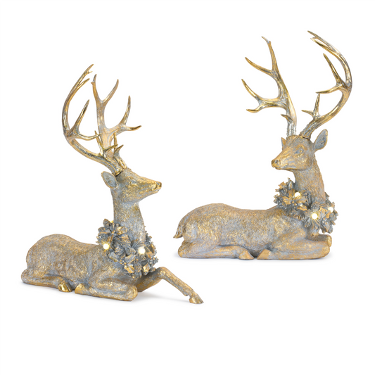 Holiday Deer Figurine with Lighted Wreath and Gold Finish (Set of 2) -Ship Only
