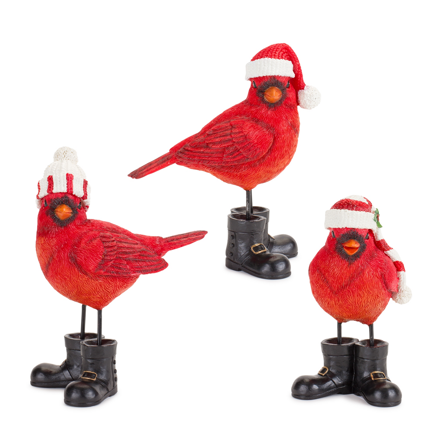 Winter Cardinal Bird Figurine with Santa Boots and Hat (Set of 3) -Ship Only