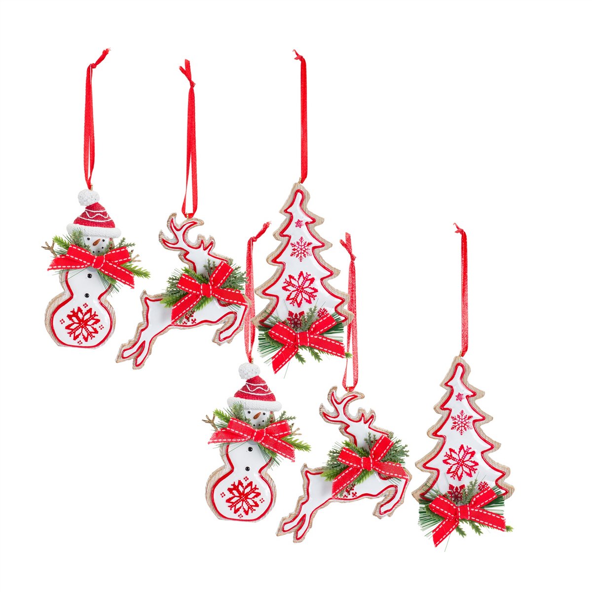Nordic Snowflake Character Tree Ornament with Pine Bow Accent (Set of 6) -Ship Only