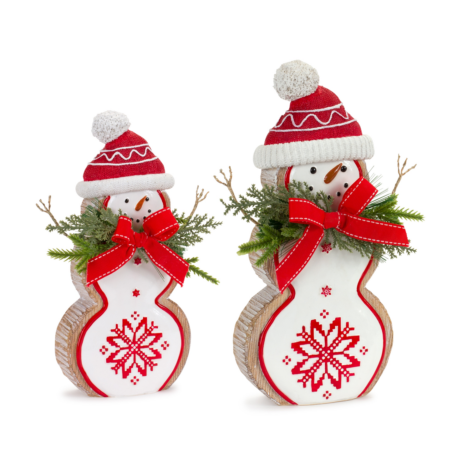 Nordic Snowflake Snowman Figurine with Pine Bow Accent (Set of 2) -Ship Only