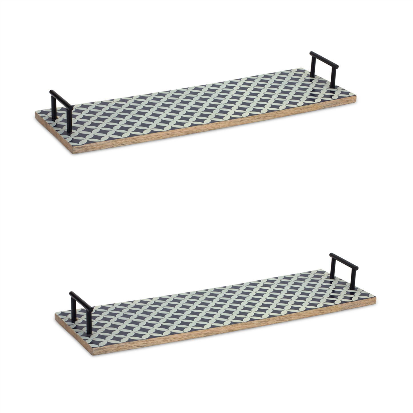 Mango Wood Tray with Geometric Design and Metal Handle Accents (Set of 2) -Ship Only