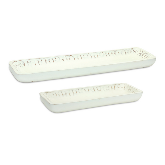 White Washed Mango Wood Dough Bowl Tray (Set of 2) -Ship Only