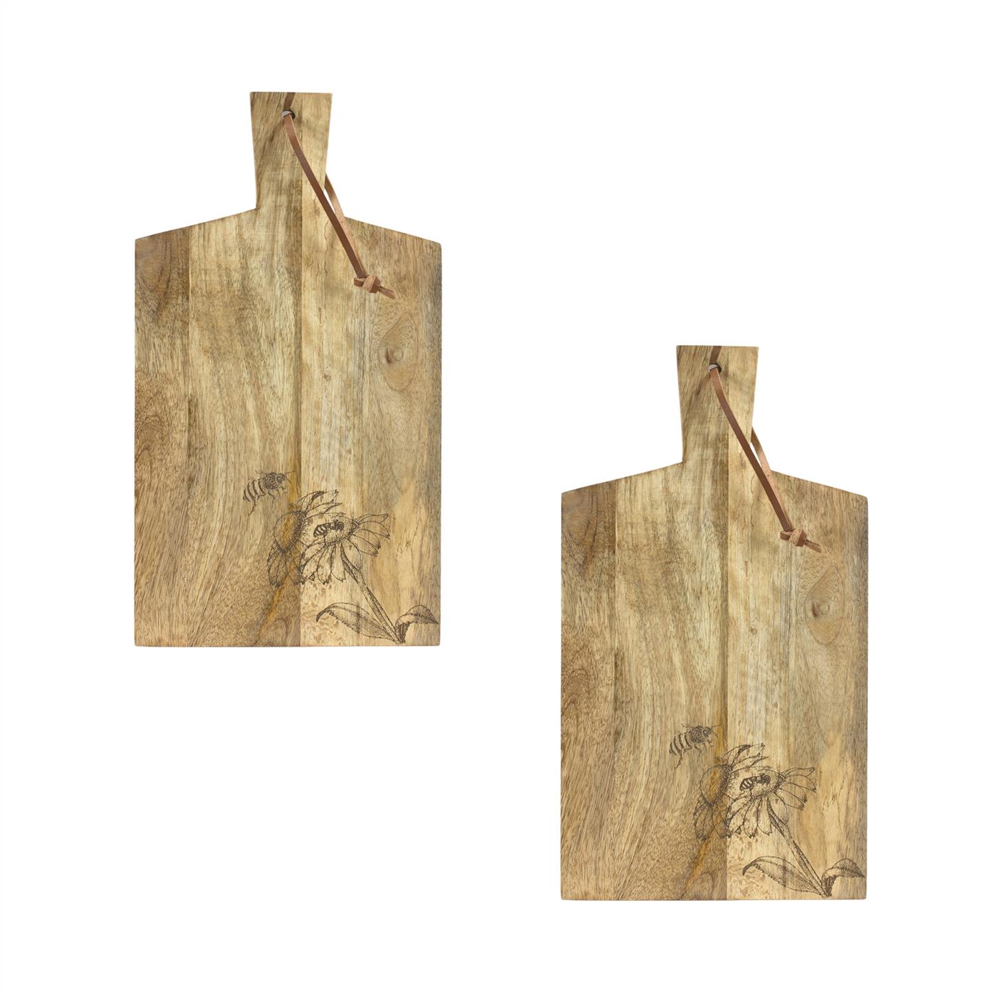 Natural Mango Wood Cutting Board with Etched Floral and Bee Design (Set of 2) -Ship Only