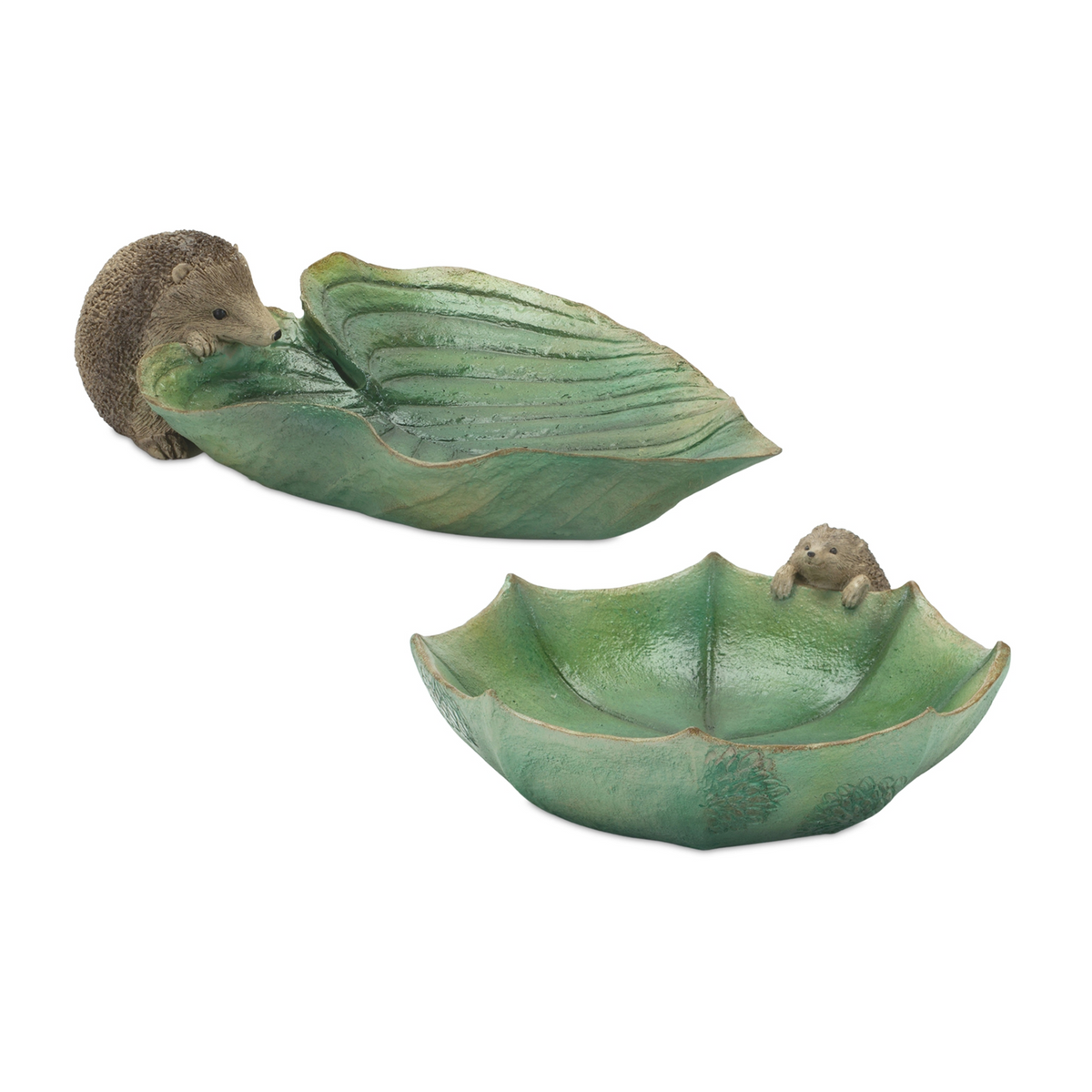 Hedgehog w/ Leaf and Umbrella (Set of 2) 10.25"L x 3.5"H, 13.25"L x 4"H Resin -Ship Only