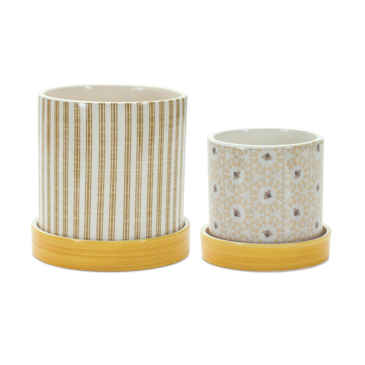 Stone Bumble Bee Striped Planter with Plate (Set of 2) -Ship Only