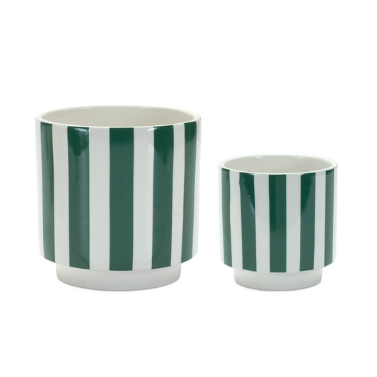 Green and White Striped Planter (Set of 2) -Ship Only