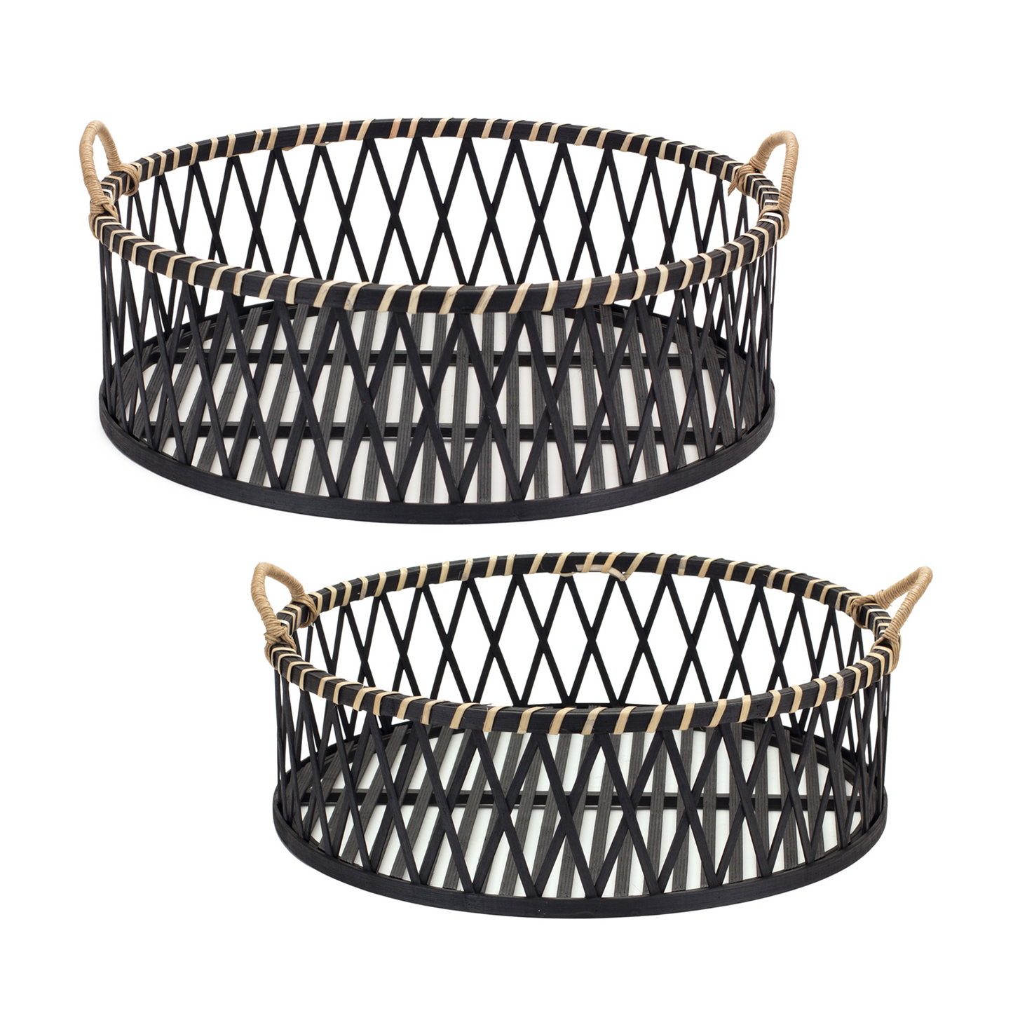 Round Woven Bamboo Trays with Rattan Handle Accent (Set of 2) -Ship Only