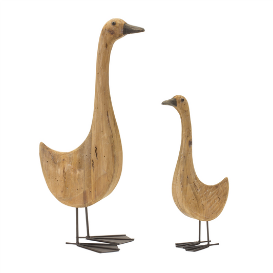 Natural Fir Wood Goose Figurine with Rustic Metal Accents (Set of 2) -Ship Only