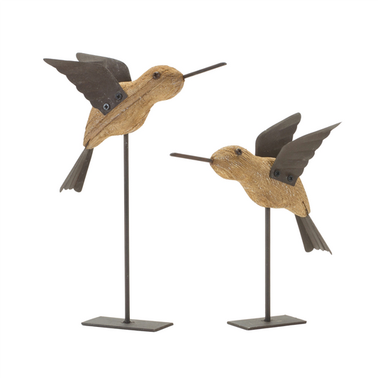 Natural Fir Wood Bird Figurine with Rustic Metal Accents (Set of 2) -Ship Only