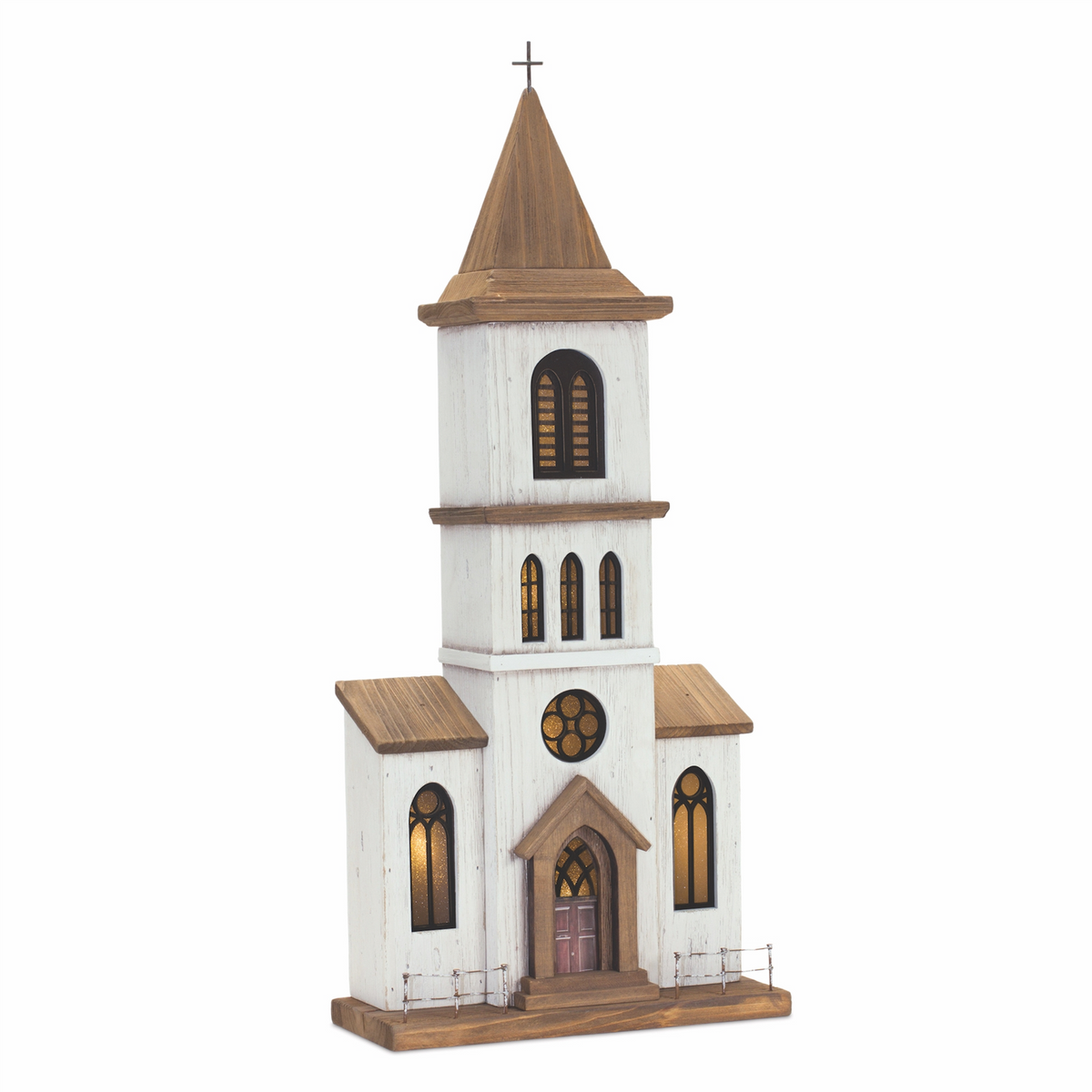 Lighted Natural Wooden Church Display with Rustic Metal Accents 25.25"H -Ship Only