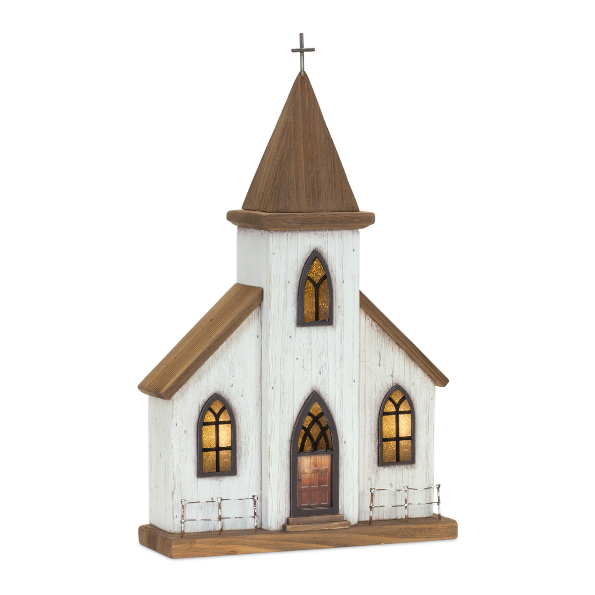 Lighted Natural Wooden Church Display with Rustic Metal Accents 17.5"H -Ship Only