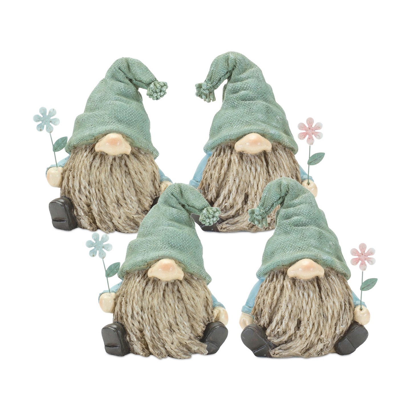 Stone Garden Gnome Figurine with Flower Stem Accent (Set of 4) -Ship Only